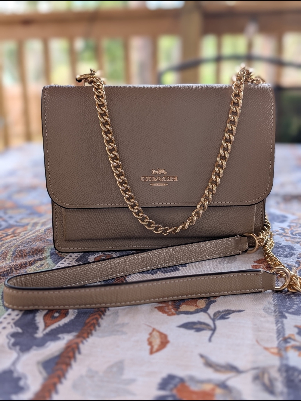 COACH Taupe Crossbody Bag with Gold Chain